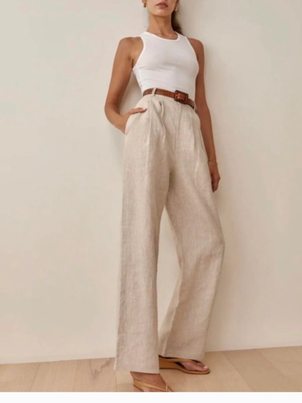 Reformation Earl Linen Pleated High Waisted Wide Leg Trouser Pants Oatmeal Beige